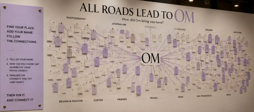 A photograph of a poster with Om's name in the center in large text with smaller post-it notes in an intricate web that shows how Om is interconnected across many different domains.